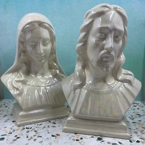 JESUS & MARY~CERAMIC BUST~MARBLE GLAZE~HOLLAND MOLD CO~4” x 5 1/4” x 7 1/4” T~G1